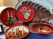 Vintage Round Christmas Set 4 Metal Tin Tray Tree Red Platter, 4 Fudge Trays MCM