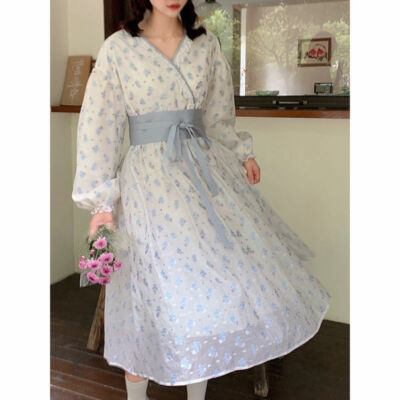 Women Japanese Kimono Dress Floral Printed Puff Sleeve Maxi V Neck Lolita Slim
