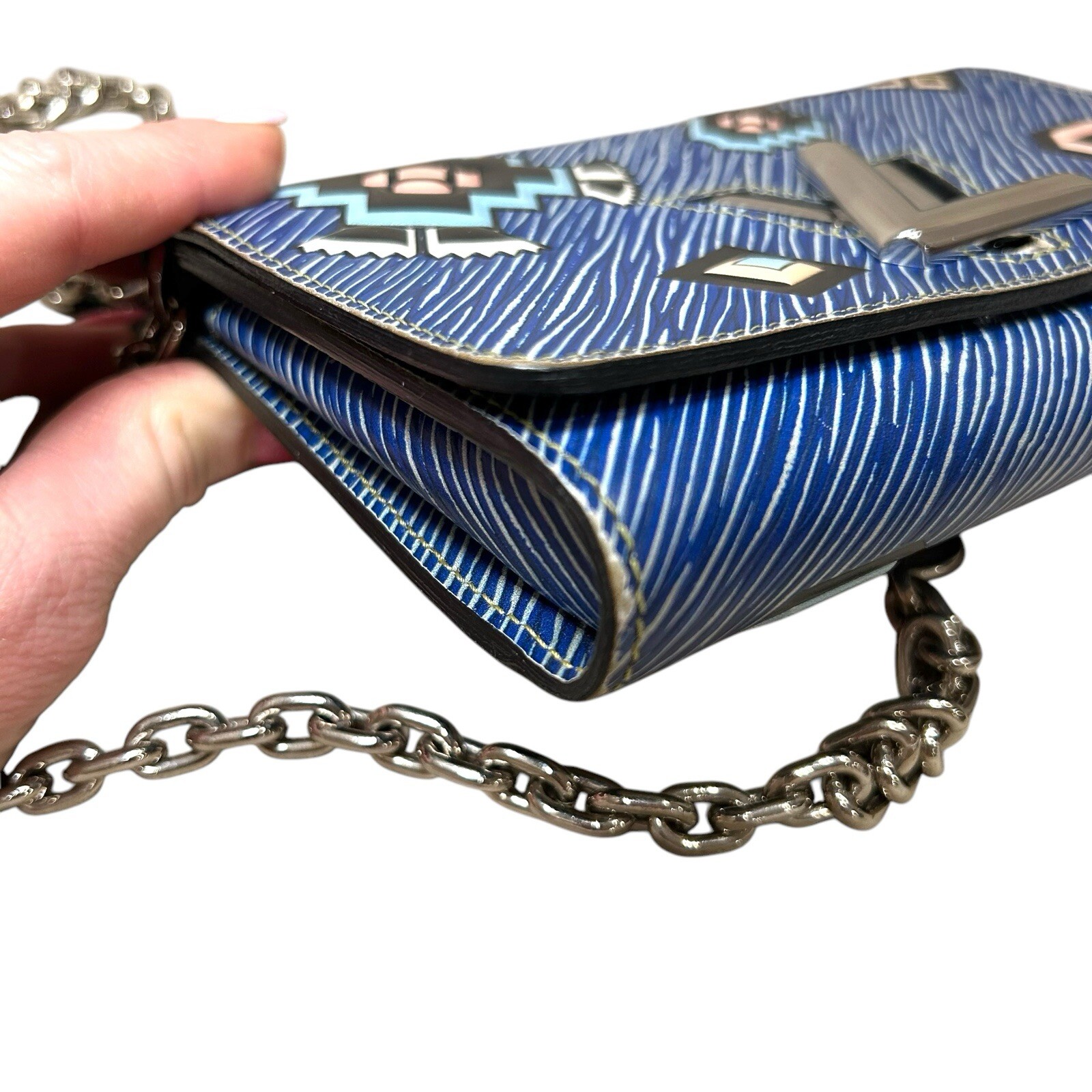 LOUIS VUITTON Aztec Denim Blue Epi Leather Twist Chain Wallet Crossbody Bag +COA image 8