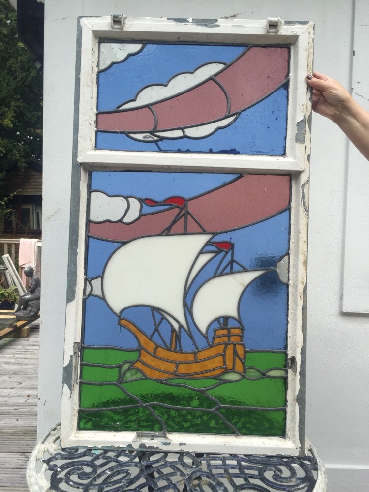 NAUTICAL STAINED GLASS WINDOW SHIP SEA PERIOD OLD ANTIQUE LEADED