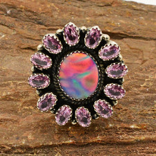 Sterling Silver 925 Fire Opal  Pink Gemstone Large Cluster Cocktail Ring Size 7