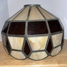 Vintage Lamp Shade Tiffany Style, Amber & White Stained Slag Glass 1950s-60s MCM