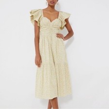 Hyacinth House Yellow Floral Ruffle Sleeve Ruched Tiered Midi Dress Large NWT