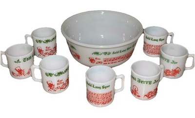 Hazel Atlas 7pc Tom & Jerry Auld Lang Syne Milk Glass Punch Bowl Set c1940s USA