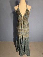 Raga Boho Green And Blue Tie Back Tiered Maxi Dress Size Medium