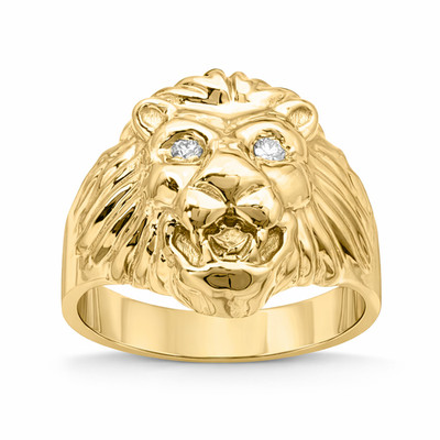 Solid 10K Yellow Gold Mens Lion Ring with Diamond Eyes Size 5 - 15