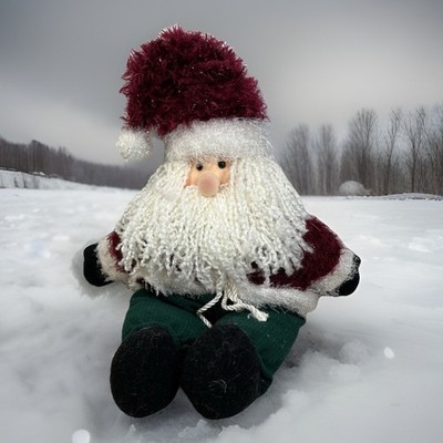 Sitting Santa Figure Doll Face Fun Fur Hat Jacket Cordero Pants 12'' Sitting