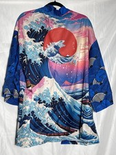 NIEPCE Japanese Kimono Cardigan XL Blue Wave Mount Fuji Anime Open Front