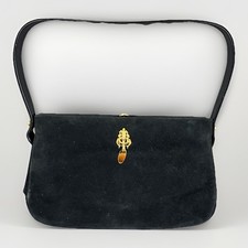 Vintage Bienen-Davis Black Suede Handbag Clutch w. Gold-tone Accents