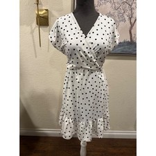 Caution To The Wind Polka Dot Wrap Dress White Black Ruffle Hem V-Neck Belted