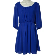 A. Byer Blue Pleated Sheer A-Line Blouson 3/4 Sleeve Knee Length Dress Women's S
