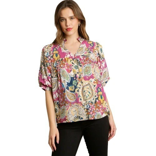 Blusa Boho Umgee Paisley Manga Abullonada Cuello Volantes Talla L Foto 2 de 4