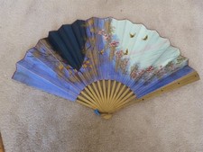 ANTIQUE Victorian Folding Hand Fan Painted Cloth Flowers Butterflies 13"x23"