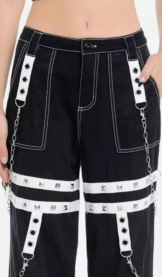 Hot Topic Black & White Grommet Suspender Chain Skater Punk Rock Gothic Pants - Image 4 of 4