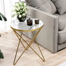 Modern round Side Table, End Table with Marble Effect Top and Gold Metal Frame,