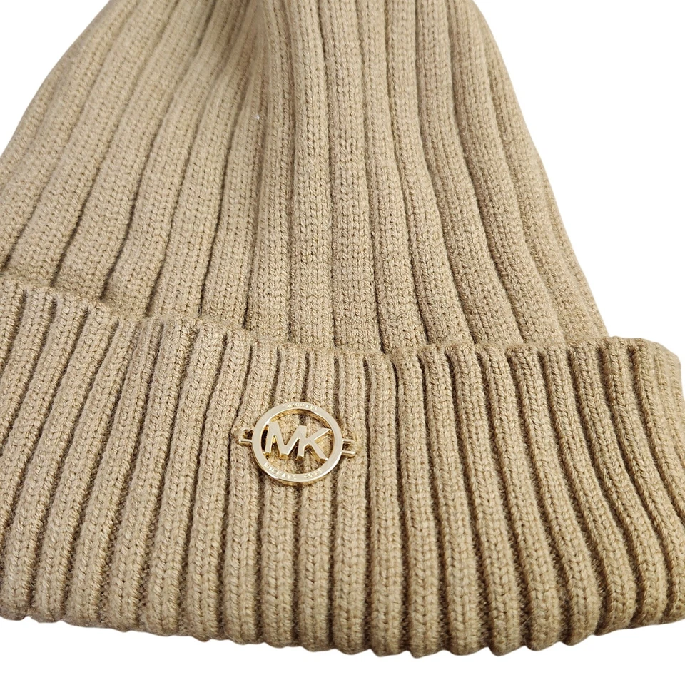 Michael Kors 人造毛皮 加绒衬里 Pom 豆豆帽 冬季针织帽 金色 标志 暖色 — 第 2/4 张图片