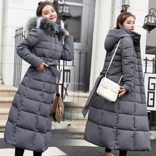 Women Winter Warm Padded Long Parka Lady Quilted Knee Coat Hooded Jacket Outwear