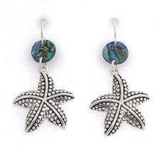 Coastal Silver Textured STARFISH ABALONE Disc Sea Life Dangle Earrings NWT New