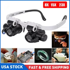 2 LED 8X 15X 23X Adjustable Lens Jewelry Watch Repair Magnifier Head Eye Loupe/