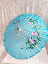 Vintage Blue  Pink Handmade Fabric Bamboo Umbrella/Parasol 22"