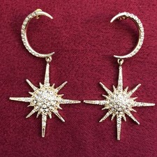 Star Moon Dangling Pierced Rhinestone Earrings