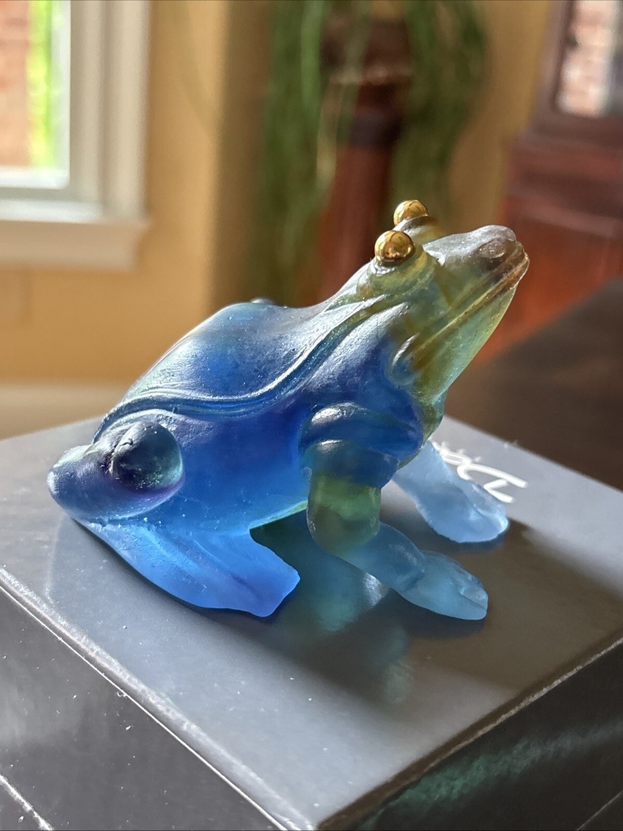 Daum France Pate de Verre Blue frog w/Gold Eyes With Orig Box 3 1