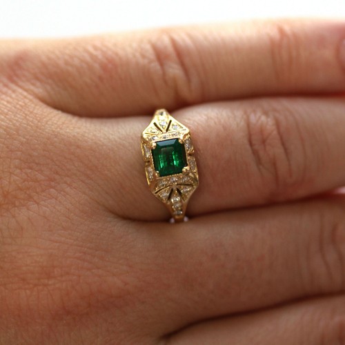1.15 ctw Natural Emerald & Diamond Solid 14k Yellow Gold Antique Engagement Ring - Picture 8 of 9