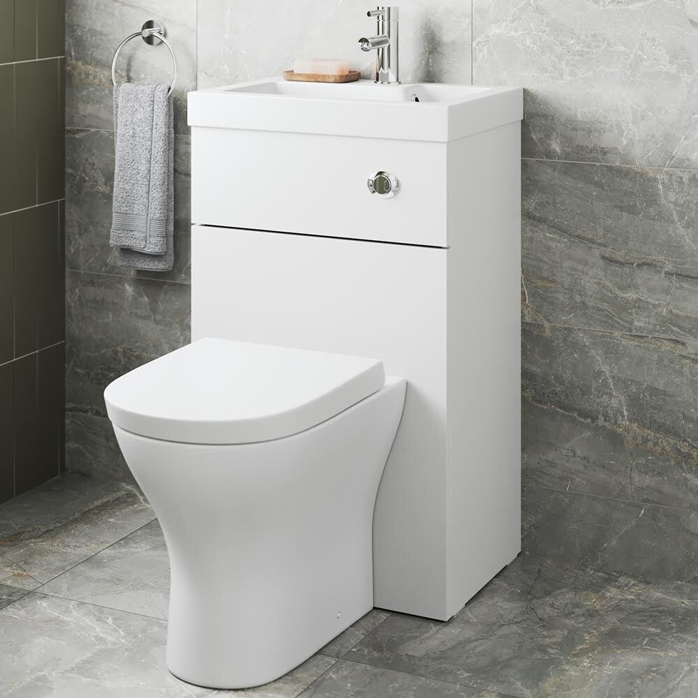 2 in 1 Toilet Basin Combi Unit Back to Wall BTW White Gloss Space Saving 500mm - Image 2