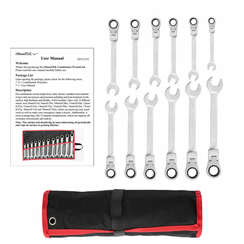 12Pc 8-19mm Flexible Metric Combination Wrench Head Ratchet  Spanner Tool Set