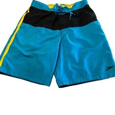 Speedo Mens Swim Trunks Size Medium Blue and Black Pockets Mesh Lining