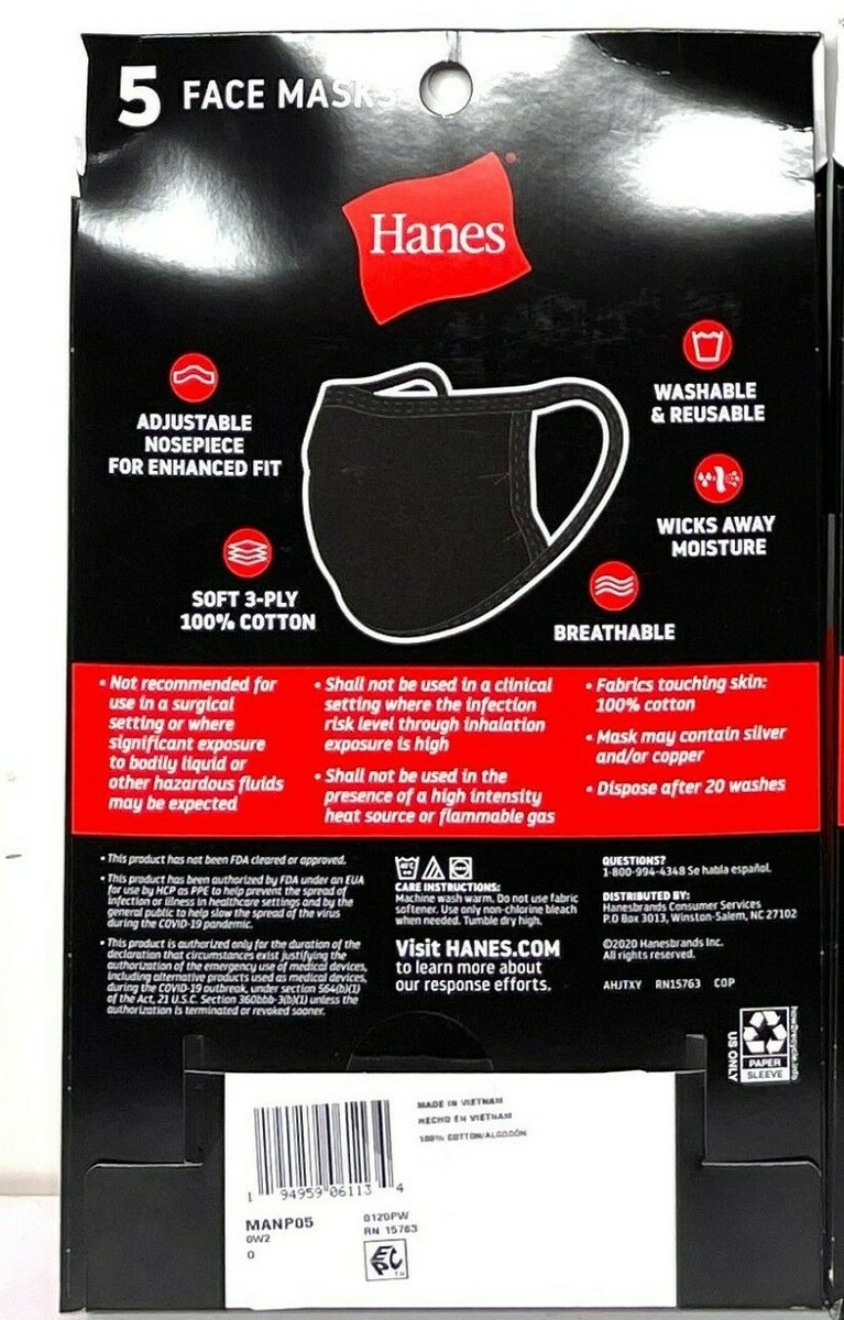®️ Hanes MASKN2 Wicking 100% Cotton Masks - Black (5 Pack) Washable