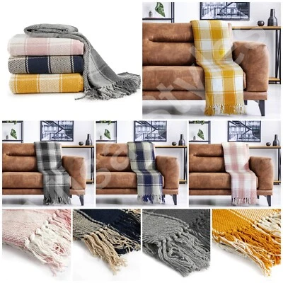LUXURY 100% COTTON TARTAN CHECK LARGE SOFA BED THROW BLANKET FRINGED TWEED SOFT