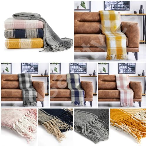 LUXURY 100% COTTON TARTAN CHECK LARGE SOFA BED THROW BLANKET FRINGED TWEED SOFT - Picture 1 of 24