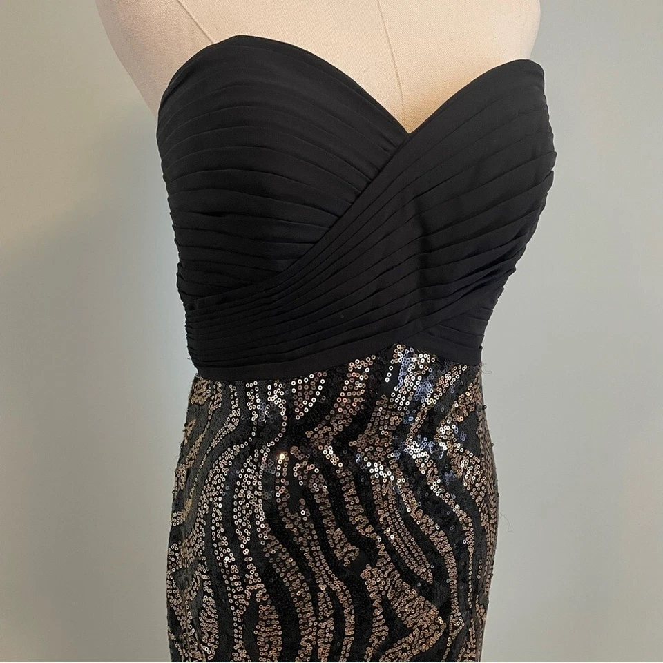 Vintage Night Moves Sequin Gown Women’s 10 Black Gold Strapless Low Back Dress - Image 3 of 4