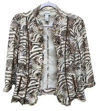 Chico's Size 2 Linen Blend Ivory Brown Open Front Blazer Gold Sparkly Trim