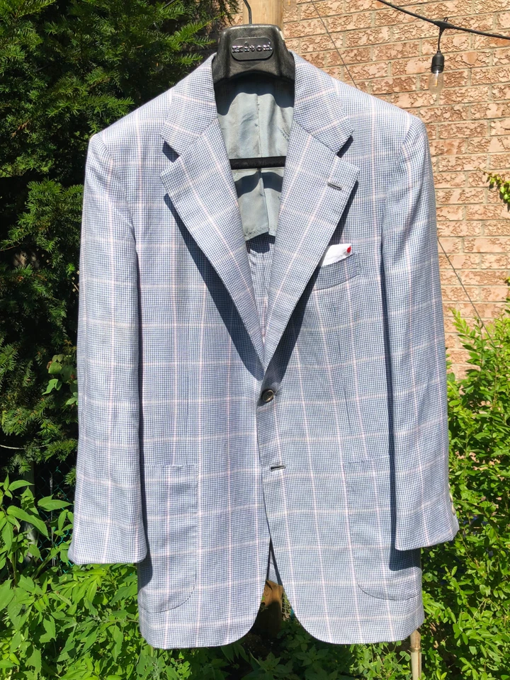 Casaco esportivo Kiton 38/48 como novo lã/seda/linho azul/rosa janela Houndstooth - Imagem 2 de 4