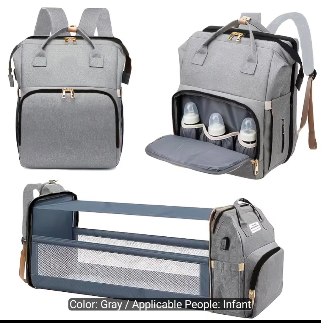 BABY GREY BACKPACK FOR DIAPERS, VERSATILE BABY CHANGING BAGS FEATURING STROLLER