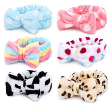 6 Pcs Spa Soft Coral Fleece Bow-Style Headbands for Makeup, Face Washing, Shower
