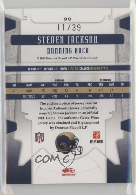 2008 Leaf Limited Threads Jersey Number Prime /39 Steven Jackson #90 - Image 2 of 2