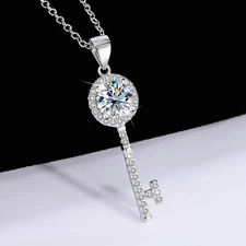 1Ct Moissanite Key Pendant Necklace Jewelry Gift for Women 925 Sterling Silver