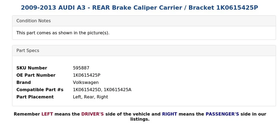 2009-2013 AUDI A3 - задний тормоз суппорт перевозчик / кронштейн 1K0615425P - Изображение 4 из 4