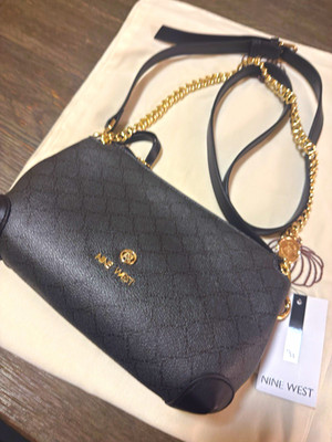 Nine West Black Logo Small Shoulder Bag Zip Gold Chain Strap Detachable
