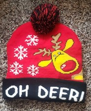 LED Light Up Christmas Beanie Hat Oh Deer Pom Pom With Flash On/Off Button