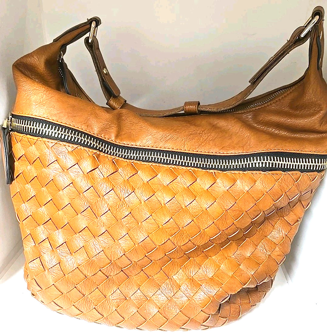Madison West Hobo Brown Braided Vegan Leather Handbag Slouchy Purse Basket Large