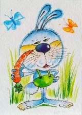 ACEO Rabbit watercolor  by the author original 3,5"х2,5" 9x6cm not print