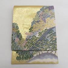 Japanese Kimono Fukuro Obi Silk Pine pattern on the mountain Gold Women's