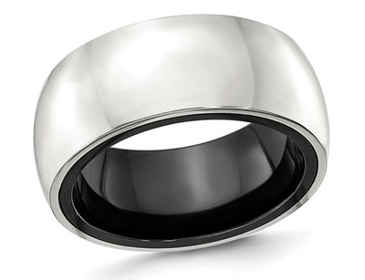 Mens Black Titanium with Silver Dome Band Ring (10mm)