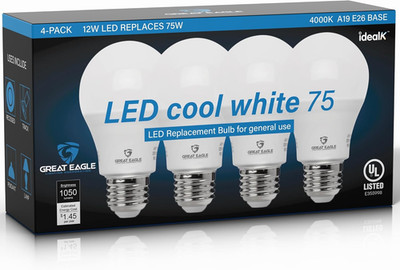 Great Eagle A19 Led Bulbs 75 Watt Equivalent - UL Listed - Cool White 4000K 75 W