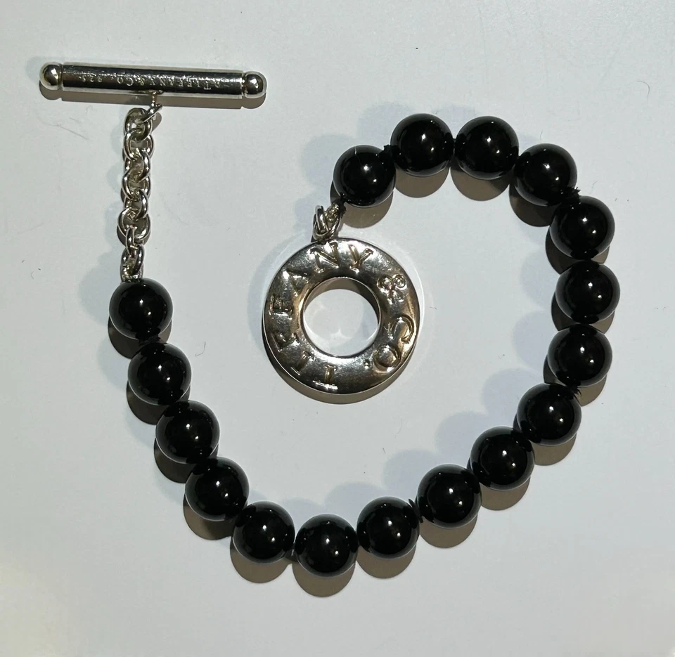 "Brazalete de cuentas Tiffany de ónix negro/plata de ley cuentas largas de 7,5"" de 8 mm" Foto 2 de 4