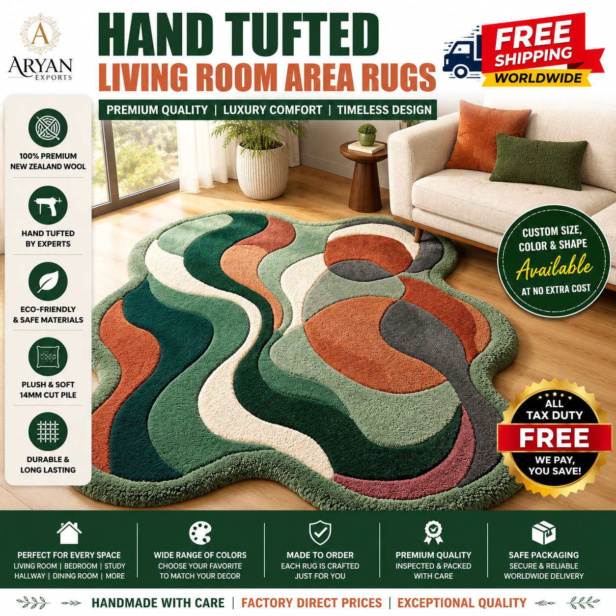 "8x10 Green Rust Wool Area Rug Hand Tufted Abstract Wavy Modern Living Room"